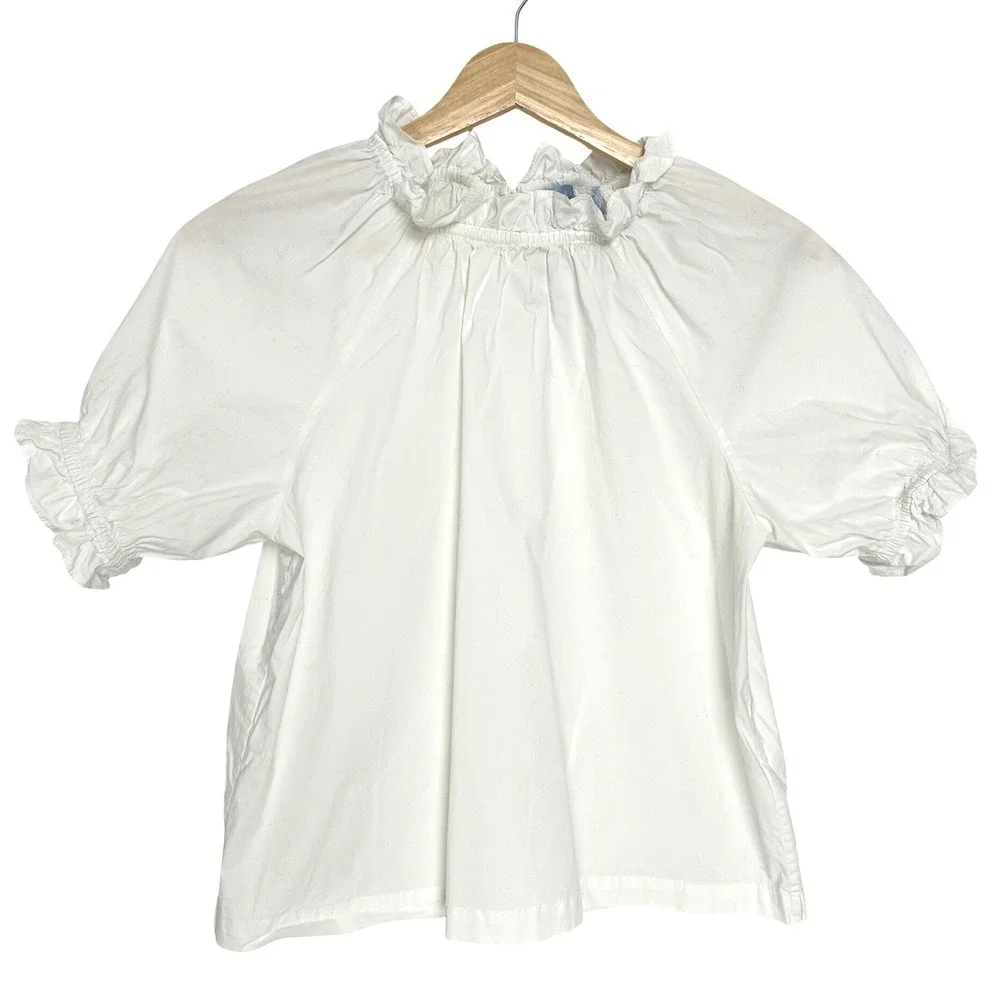 Hill House The Kit Top Puff Sleeve Ruffle Neck Blouse‎ Cotton White XS